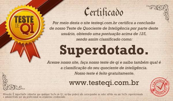 Certificado do testeqi.com.br para teste de qi realizado